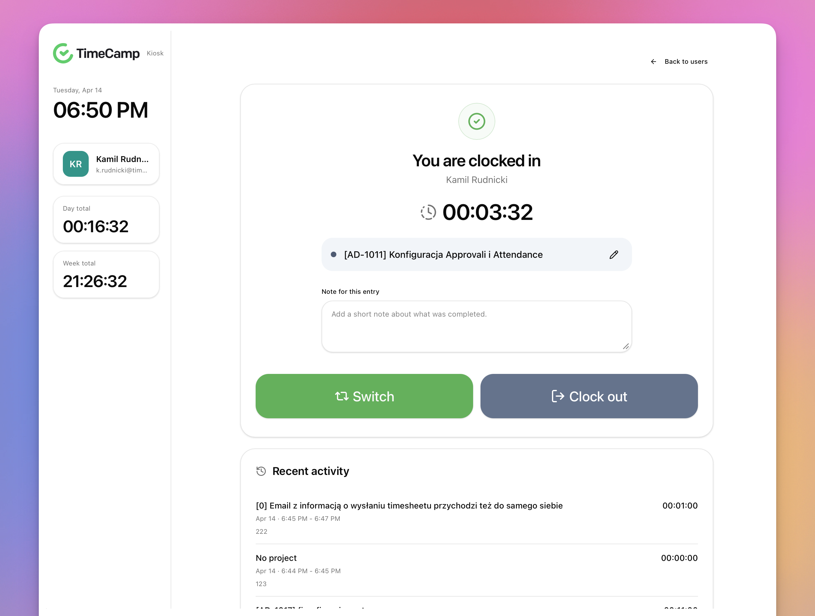 TimeCamp Kiosk screenshot 1
